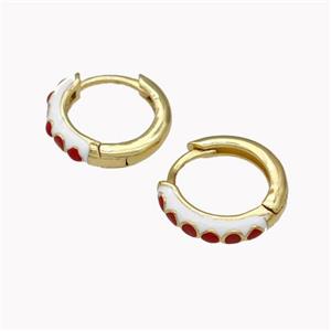 Copper Hoop Earrings Red White Enamel Gold Plated, approx 14mm dia