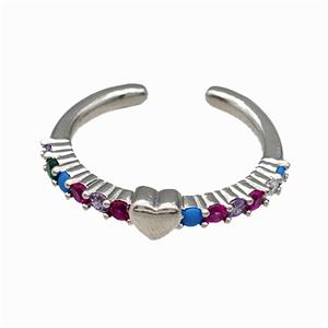 Copper Rings Pave Multicolor Zirconia Heart Platinum Plated, approx 5mm, 18mm dia