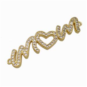 Copper MOM Connector Pave Zirconia Heart Love Gold Plated, approx 10-40mm