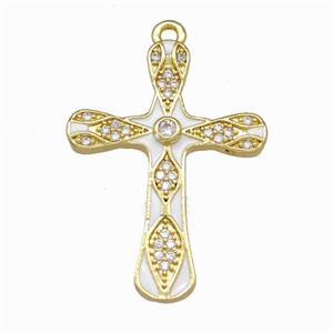 Copper Cross Pendant Pave Zirconia White Enamel Gold Plated, approx 21-28mm