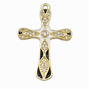 Copper Cross Pendant Pave Zirconia White Black Enamel Gold Plated, approx 21-28mm