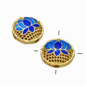 Copper Coin Beads Blue Painted Flower Hollow Gold Plated, approx 14mm