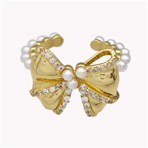 Copper Bow Rings Pave Zirconia Pearlized Resin Gold Plated, approx 17-20mm, 18mm dia