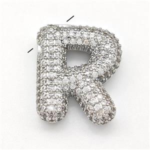 Copper Letter-R Pendant Micro Pave Zirconia Platinum Plated, approx 15-22mm