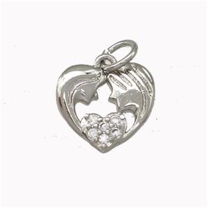 Copper Heart Pendant Micro Pave Zirconia Gemini Platinum Plated, approx 12mm