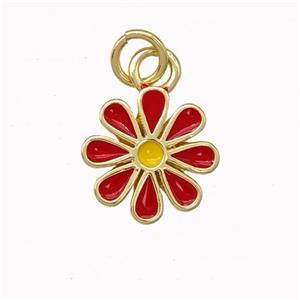 Copper Daisy Flower Pendant Red Enamel Gold Plated, approx 12mm