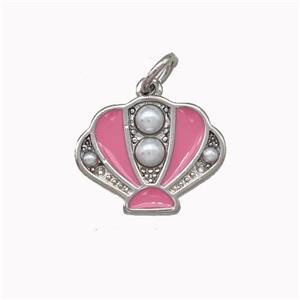 Scallop shell Charms Copper Pendant Pave Pearlized Resin Pink Enamel Platinum Plated, approx 12-15mm