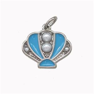 Scallop shell Charms Copper Pendant Pave Pearlized Resin Blue Enamel Platinum Plated, approx 12-15mm