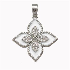 Copper Clover Pendant Micro Pave Zirconia White Enamel Platinum Plated, approx 20mm