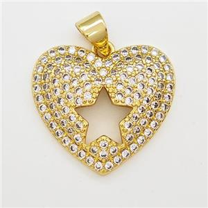 Copper Heart Pendant Micro Pave Zirconia Star Gold Plated, approx 19mm