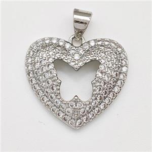 Copper Heart Pendant Micro Pave Zirconia Butterfly Platinum Plated, approx 19mm