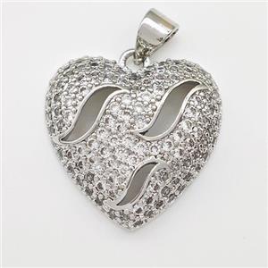 Copper Heart Pendant Micro Pave Zirconia Platinum Plated, approx 19mm