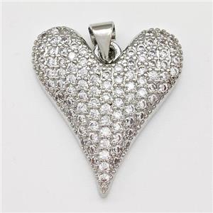 Copper Heart Pendant Micro Pave Zirconia Platinum Plated, approx 22-24mm