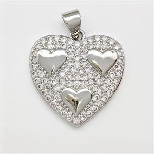 Copper Heart Pendant Micro Pave Zirconia Platinum Plated, approx 20mm