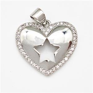 Copper Heart Pendant Micro Pave Zirconia Star Platinum Plated, approx 20mm