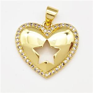 Copper Heart Pendant Micro Pave Zirconia Star Gold Plated, approx 20mm