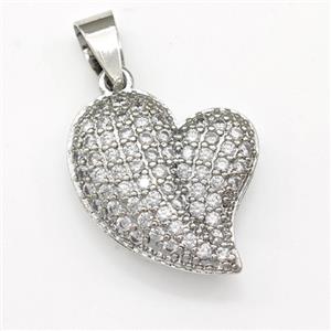 Copper Heart Pendant Micro Pave Zirconia Platinum Plated, approx 18-19mm