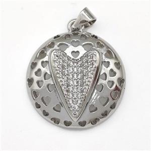 Copper Heart Pendant Micro Pave Zirconia Platinum Plated, approx 22mm