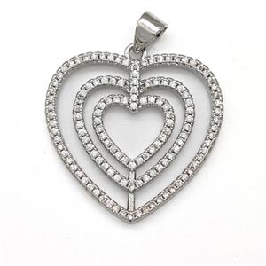 Copper Heart Pendant Micro Pave Zirconia Platinum Plated, approx 25mm