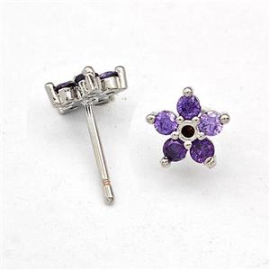 Copper Flower Stud Earring Micro Pave Zirconia Platinum Plated, approx 10mm