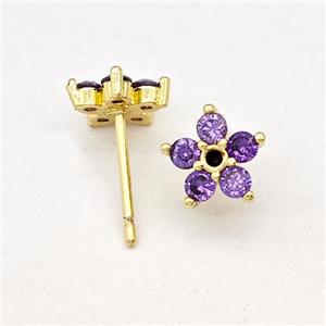 Copper Flower Stud Earring Micro Pave Zirconia Gold Plated, approx 10mm