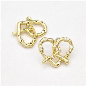 Copper Heart Stud Earring Pave Zirconia Gold Plated, approx 13-15mm