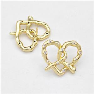 Copper Heart Stud Earring Pave Zirconia Gold Plated, approx 20-22mm