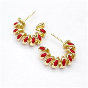 Copper Stud Earring Red Enamel Gold Plated, approx 21mm