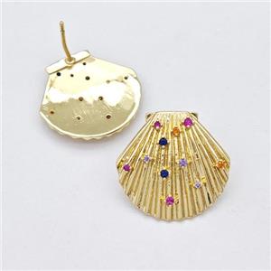 Copper ScallopShell Stud Earring Micro Pave Zirconia Gold Plated, approx 21-22mm