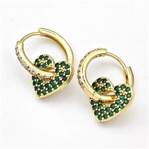 Copper Hoop Earrings Heart Pave Green Zirconia Gold Plated, approx 14mm, 17mm dia