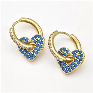 Copper Hoop Earrings Heart Pave Blue Zirconia Gold Plated, approx 14mm, 17mm dia