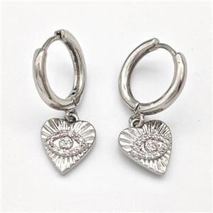 Copper Heart Hoop Earring Evil Eye Pave Zirconia Platinum Plated, approx 10mm, 14mm dia