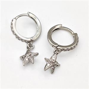 Copper Starfish Hoop Earrings Pave Zirconia Platinum Plated, approx 9mm, 14mm dia