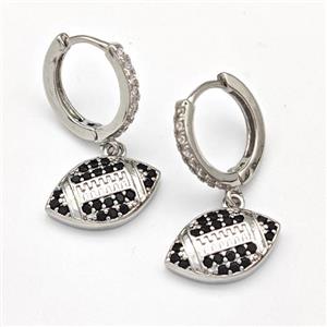 Copper Hoop Earrings American Football Pave Zirconia Sport Platinum Plated, approx 9-15mm, 14mm dia