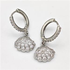 Copper Hoop Earrings Scallop Shell Pave Zirconia Platinum Plated, approx 10-13mm, 14mm dia