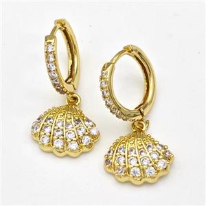 Copper Hoop Earrings Scallop Shell Pave Zirconia Gold Plated, approx 10-13mm, 14mm dia