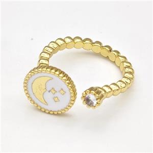 Copper Moon Rings Pave Zirconia Star White Enamel Gold Plated, approx 11mm, 18mm dia