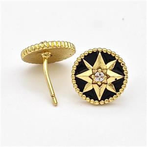 Copper Northstar Stud Earring Pave Zirconia Black Enamel Circle Gold Plated, approx 11mm