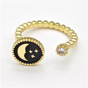 Copper Moon Rings Pave Zirconia Star Black Enamel Gold Plated, approx 11mm, 18mm dia