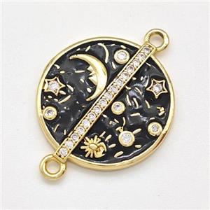 Copper Moon Star Connector Pave Zirconia Black Enamel Circle Gold Plated, approx 20mm