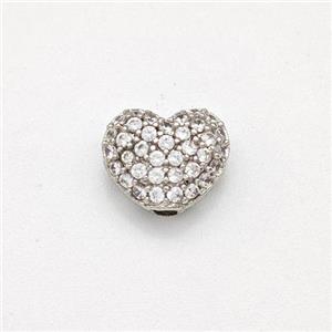 Copper Heart Beads Micro Pave Zirconia Platinum Plated, approx 9mm