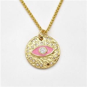 Copper Evil Eye Necklace Pave Zirconia Pink Enamel Gold Plated, approx 18mm, 1.5mm, 42-47cm length