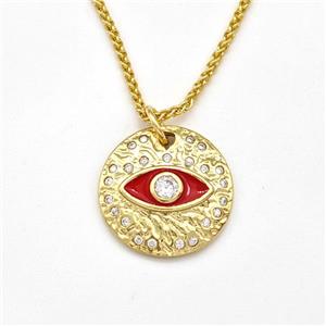 Copper Evil Eye Necklace Pave Zirconia Red Enamel Gold Plated, approx 18mm, 1.5mm, 42-47cm length