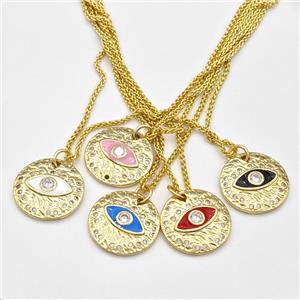 Copper Evil Eye Necklace Pave Zirconia Enamel Gold Plated Mixed, approx 18mm, 1.5mm, 42-47cm length