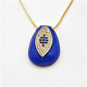 Copper Evil Eye Necklace Pave Zirconia Blue Enamel Gold Plated, approx 15-22mm, 0.8mm, 42-45cm length