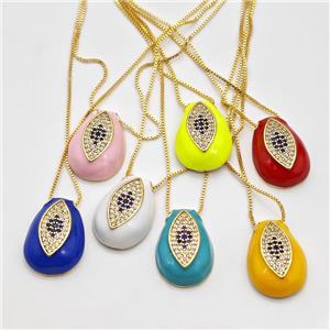 Copper Evil Eye Necklace Pave Zirconia Enamel Teardrop Gold Plated Mixed, approx 15-22mm, 0.8mm, 42-45cm length