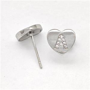 Copper Heart Stud Earring Pave Zirconia Letter-A Platinum Plated, approx 8-9mm