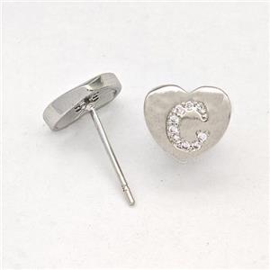 Copper Heart Stud Earring Pave Zirconia Letter-C Platinum Plated, approx 8-9mm