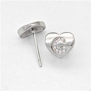 Copper Heart Stud Earring Pave Zirconia Letter-G Platinum Plated, approx 8-9mm