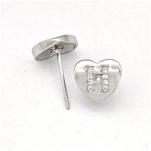 Copper Heart Stud Earring Pave Zirconia Letter-H Platinum Plated, approx 8-9mm